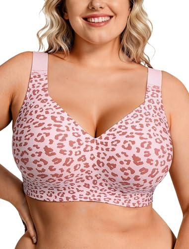 OEAK Womens Wireless Bras Supportive Seamless Full Coverage Bra Push Up Comfortable Bra No Underwire Everyday Tshirt Bras (Pink Leopard, Large)