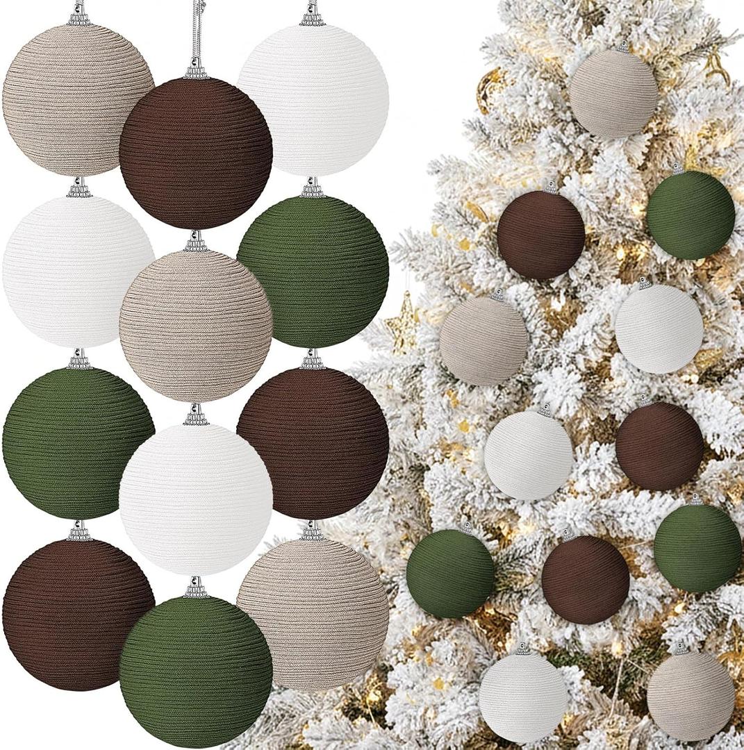 12 Pcs 4 Inch Large Farmhouse Christmas Ball Ornaments Jumbo Big Boho Jute Rope Hanging Burlap Neutral Rustic Ornament for Xmas Tree Wreath Garland Wedding(White, Brown, Camel, Green)