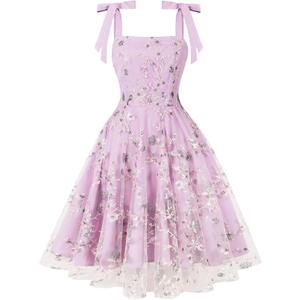 Women's Tie Strap Tulle Prom Dresses Sweetheart Flower Embroidery Dress Short Formal Party Mini Homecoming Dresses (Large, Light Purple)