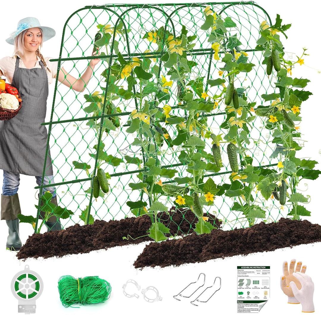 65"65" Upgrade Heightened Cucumber Trellis for Raised Bed, U-Shape Garden Trellis for Climbing Plants Outdoor, Adjustable Metal Arch Vegetables Trellis with Climbing Net for Tomato, Bean ,Grape ,Zucchini