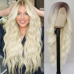 NAYOO 26" Long Wavy Blonde Wig for Women, Platinum Blonde Wig with Dark Roots, Natural Looking Wavy Synthetic Wig, Soft Long Ombre Blonde Wig for Daily Wear Party Cosplay