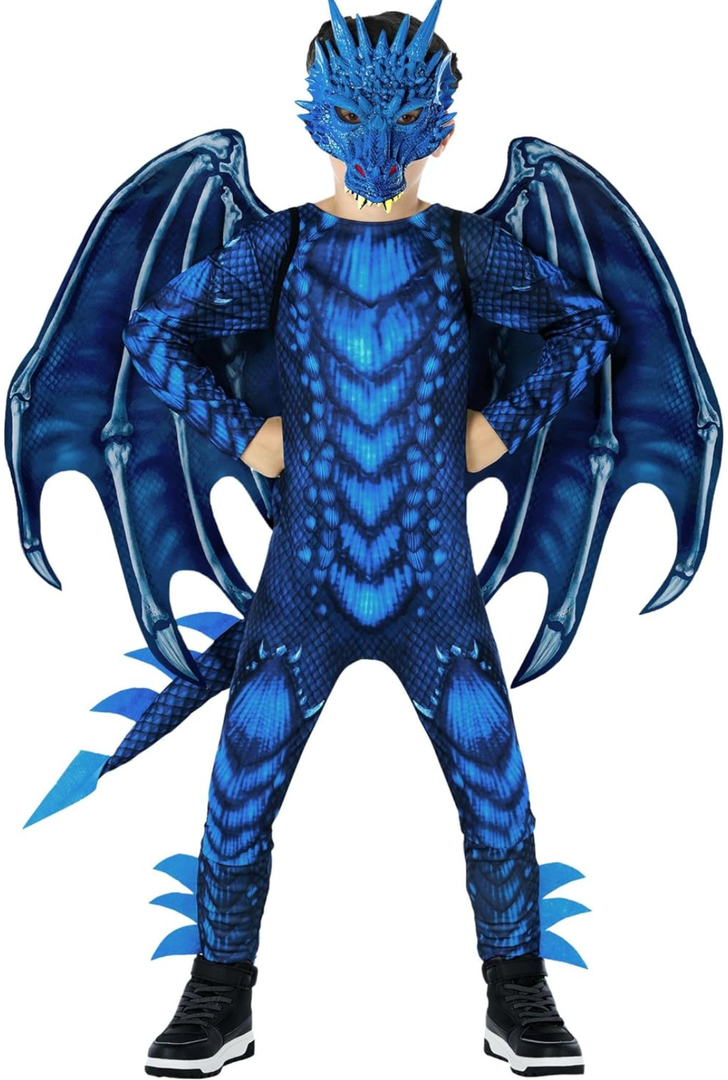 Morph Blue Dragon Costume for Kids, Dragon Wing Costume for Boys, Halloween Dress-Up, Fun Dragon Outfit, M