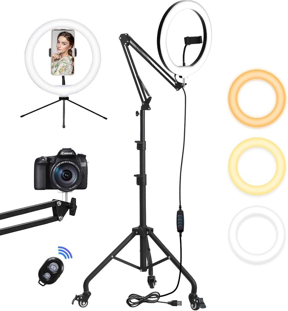 Yoobao 12" Ring Light with 81" Tripod Stand Folded Arm, Overhead Camera Mount Phone Holder with Casters, 3 Color Modes, LED Selfie Light for Video Recording Photography Live Streaming TikTok YouTube