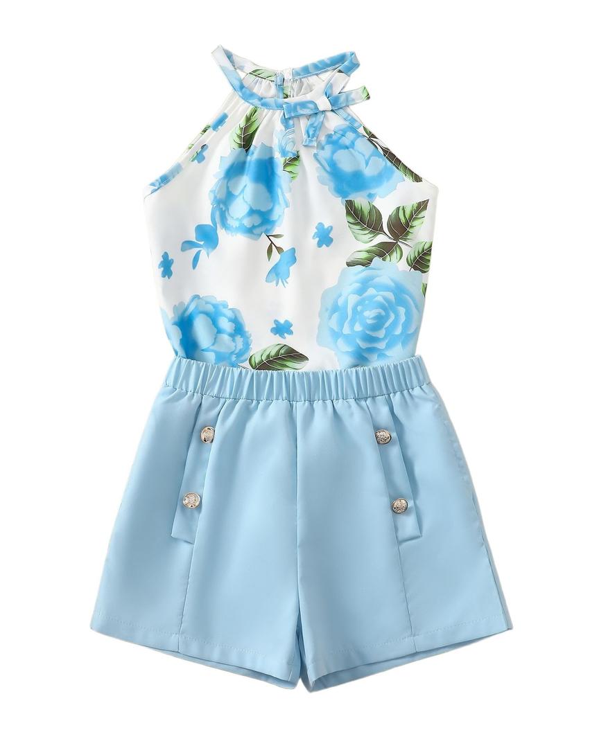 YOURUIKEY Cute Clothes for Girls Summer Outfits 2 Piece Clothing Set Light Blue Crop Top for Kids with Pockets Tween Shorts Set Size 9