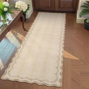 GarveeHome 2x6 Scalloped Washable Runner Rug for Kitchen, Soft Tan Jute Hallway Runner Non Slip Entryway Rug Farmhouse Thin Laundry Mat Stain Resistant Carpet for Bedroom Bathroom Beside Rug