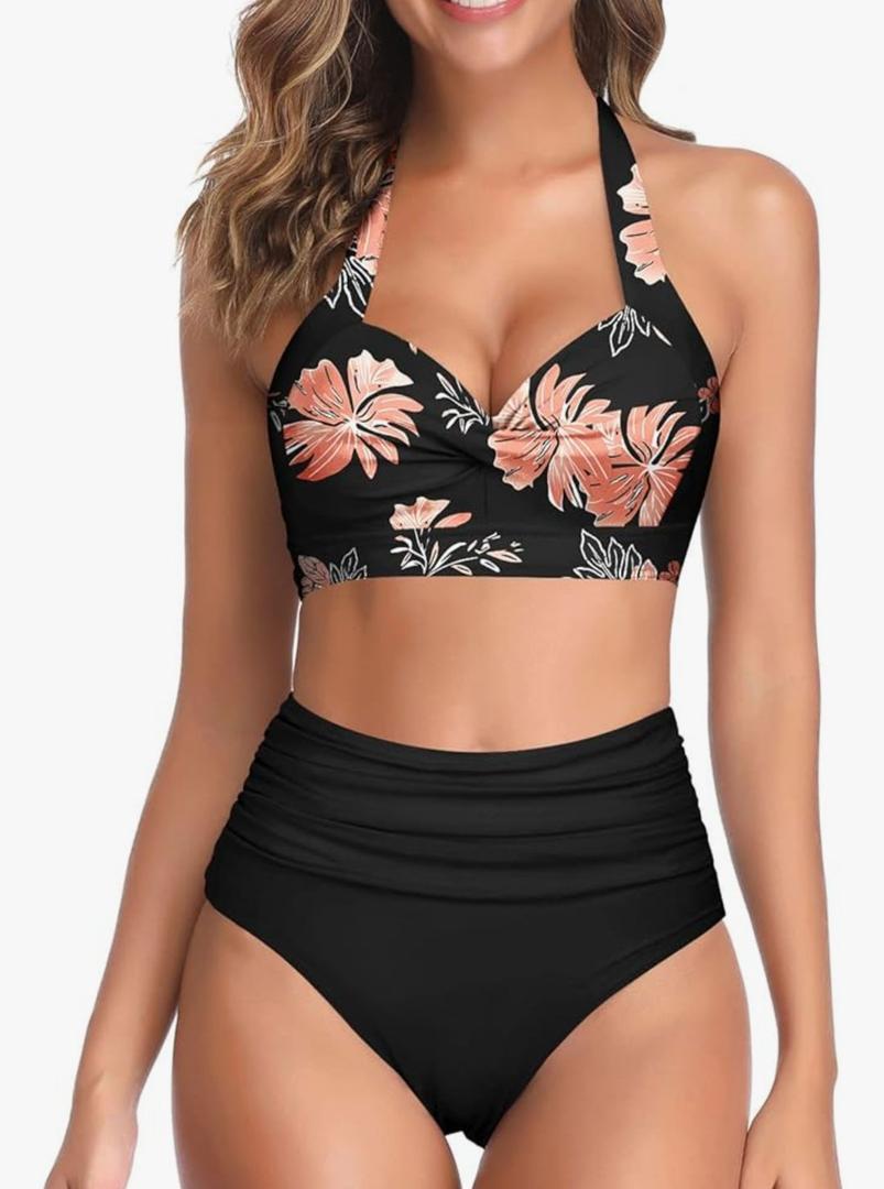 Tempt Me Women Two Piece Swimsuit High Waisted Bikini Halter Vintage Retro Bathing Suit Push up Swimwear (M, Black)