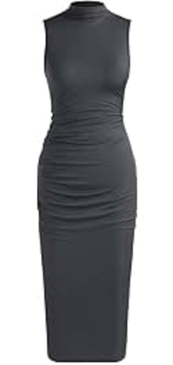 Women's Summer Ruched Bodycon Crew Neck Sleeveless Casual Tank Pencil Midi Dresses Dark Gray Small