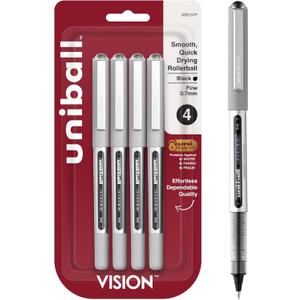 uni-ball Vision Stick Roller Ball Pens, Fine Point, Black Ink, Pack of 4