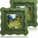 4x4 Wavy Picture Frame With Mat For 3x3, Wavy Edge Wooden Picture Frame with Real Glass - Wall Mount and Tabletop Display, Green, 2 Pack