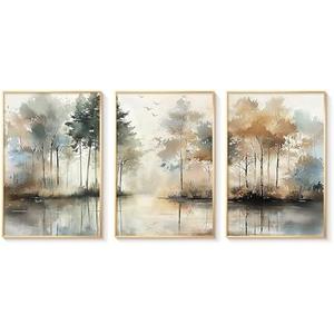 Bzstyleart 3 piece Abstract Wall Art Artwork Retro Trees Pictures Decor Canvas Painting Framed Ready to Hang Living Room Bedroom and Office Wall Decor 16x24 Inch