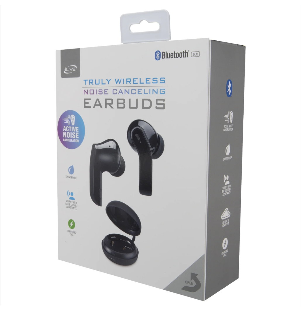 iLive Bluetooth True Wireless Active Noise Canceling Earbuds with Charging Case, IAEBT600B, Black