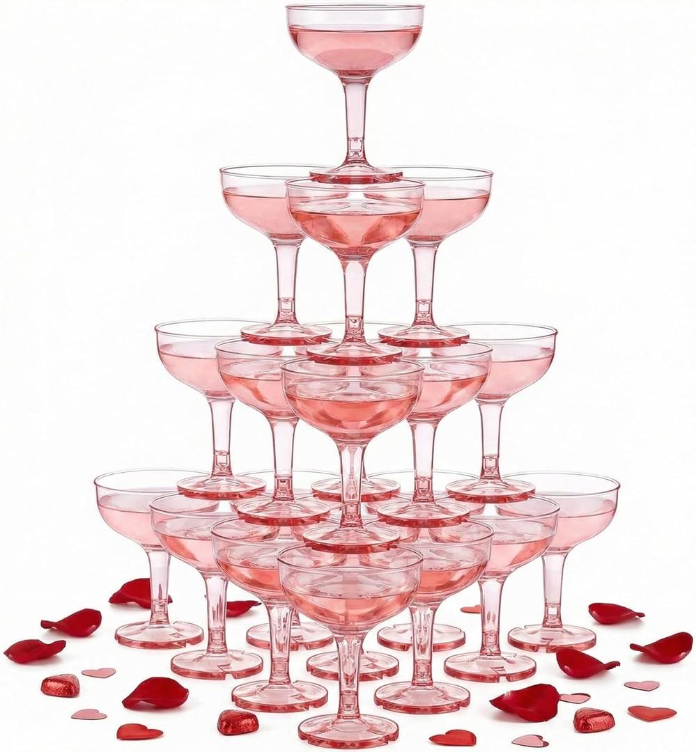 Zopeal 30 Pcs Champagne Coupe Glasses 5 oz Plastic Champagne Tower Disposable Martini Glasses Stackable Stemmed Margarita Coupe for Wedding Birthday Valentine's Day Party Bar(Pink,Transparent)