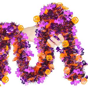 Halloween Tinsel Garland - Sparkling Metallic Pumpkin, Bat & Spider Decor, Twist Streamers for Indoor/Outdoor Halloween Party, Home, Tree, Fireplace, Classroom Decorations Orange, Black, Purple