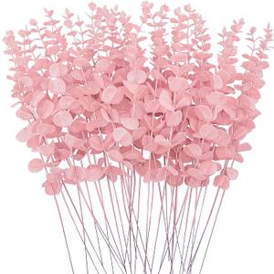 FEQO 36 Pcs Pink Eucalyptus Stems Artificial Leaves Faux Eucalyptus Stems Branches 15 inch for Wedding Bouquet Home Deco