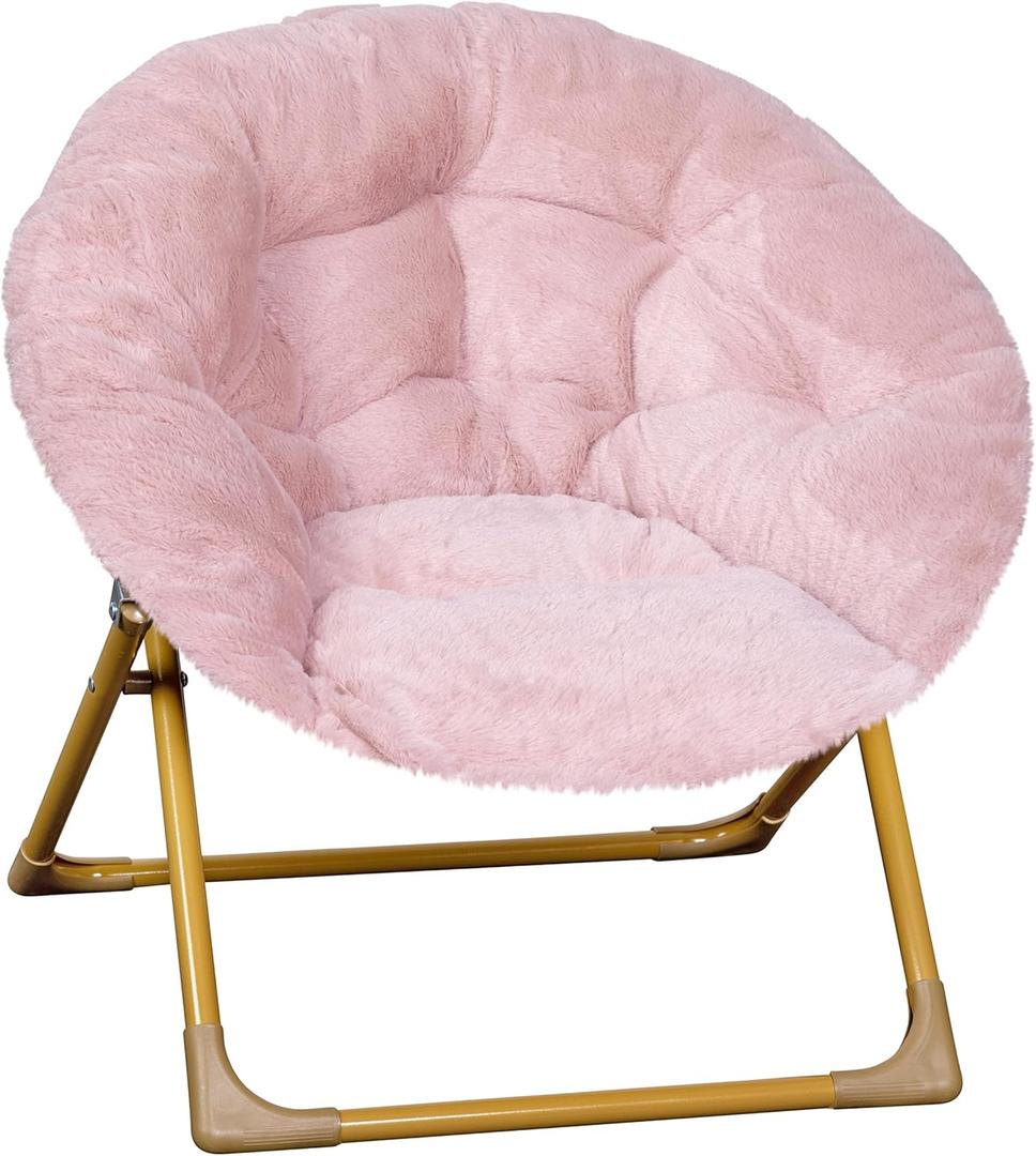 Flash Furniture Gwen Kids Cozy Mini Folding Saucer Chair - Blush Faux Fur Moon Chair - Soft Gold Metal Frame - 23" Portable Folding Chair For Living Room or Bedroom