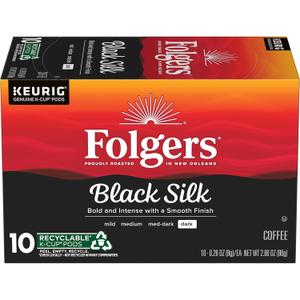 Folgers Black Silk Coffee, Dark Roast, Keurig K-Cup Pods, 10 Count Box (EXP 02/08/27)