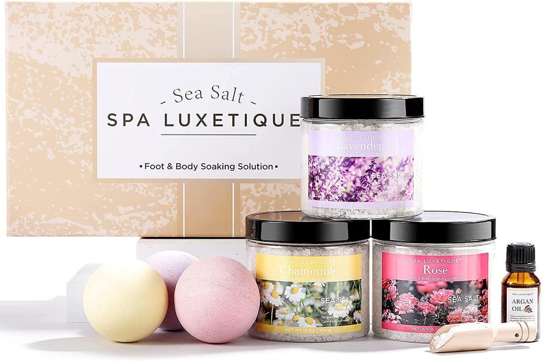 spa luxetique Bath Salts, 8pcs Bath Salts Gift Set with Argan Oil, Bath Bombs, Wooden Scoop, Epsom Salt for Soaking in Lavender, Rose, Chamomile Scent, Mother's Day Gifts, Christmas Gifts for Her