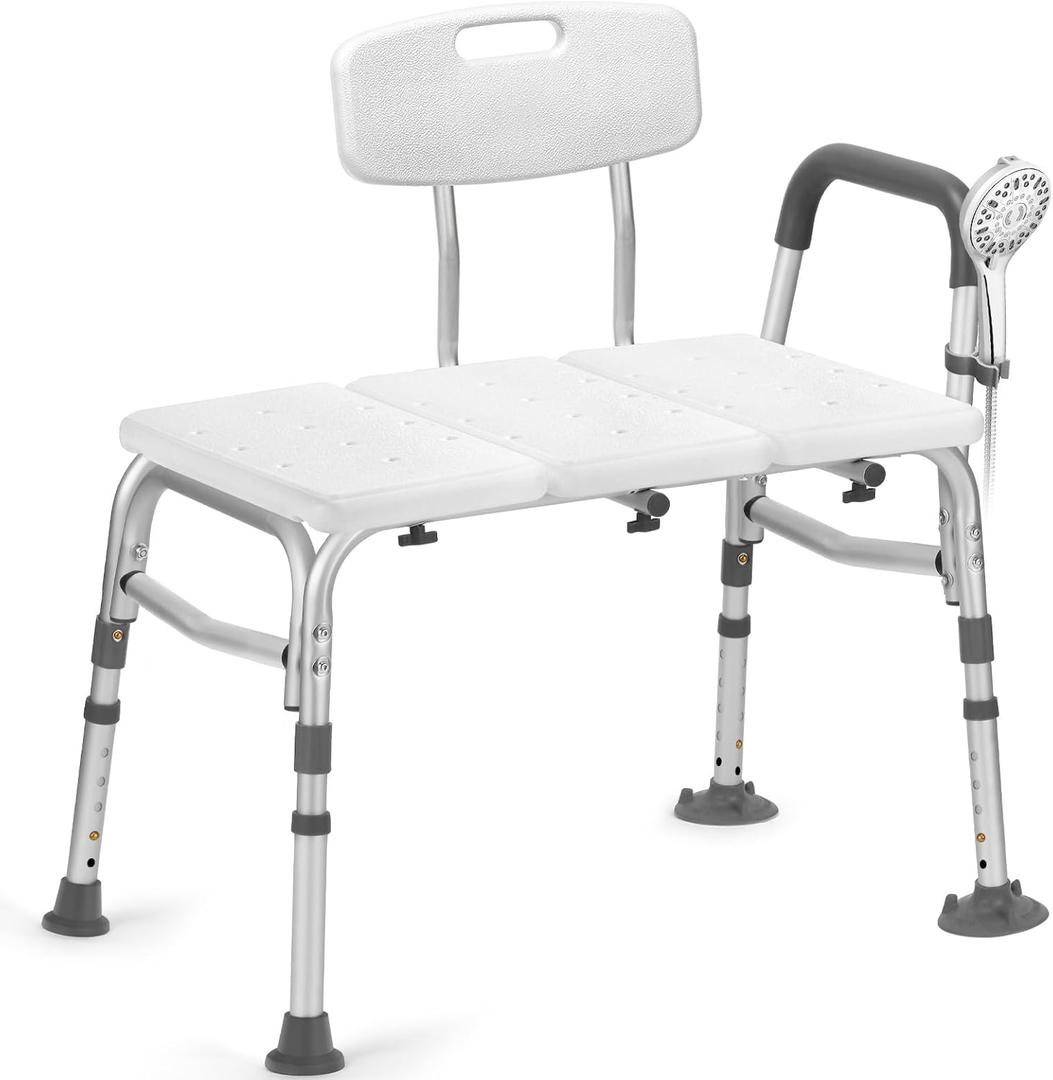 500lb Heavy Duty Shower Bench, Tool-Free Tub Transfer Bench with Arms & Back, Height Adjustable Handicap Shower Seat, Non-Slip Bath Safety Chair for Elderly & Surgery Recovery (Large, Off White/Gray)