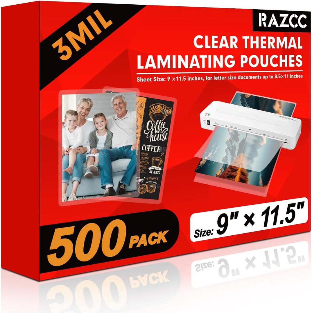 RAZCC Laminating Sheets, 500 Pack Clear Thermal Laminating Plastic Paper Laminator Sheets, 9 x 11.5-Inch, 3mil, Ideal Office or School Supplies