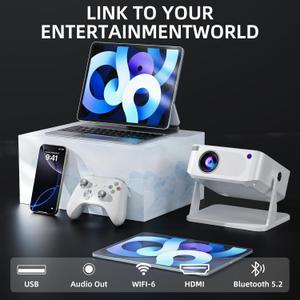 Mini Projector with WiFi 6 and Bluetooth 5.2, Portable Projector 4K Support, Auto Vertical Keystone 270 Rotatable, Compatible with Smartphone/TV Stick/Box/USB/HDMI 1222