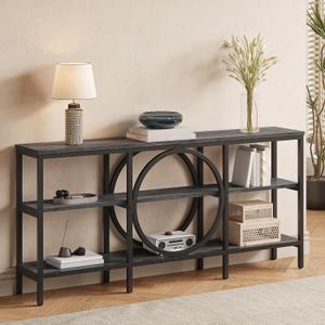 Tarnorci Long Console Table, 66.9 inch Wood Narrow Sofa Tables 3 Tier Couch Table Behind Sofa Industrial Grey Hallway Table Long Entryway Tables for Living Room, Foyer (Grey Oak+Black)