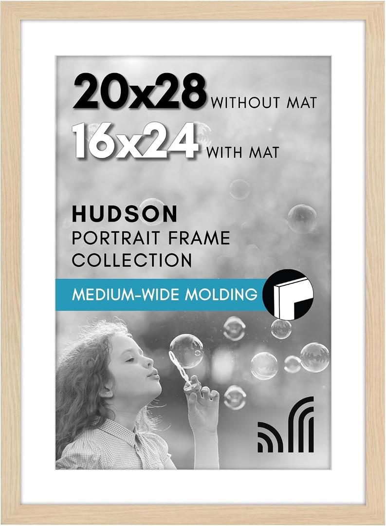 Americanflat 20x28 Picture Frame with Polished Plexiglass - Use as 16x24 Frame with Mat or Display 20x28 Photo Without Mat - Hudson Collection - Wide Picture Frames for Wall Display - Natural Oak