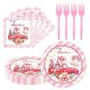 2 x Valentines Day Party Decorations 7inch Paper Plates and Napkins Forks Disposable Set Serves 20 - Pink Galentines Day Party Supplies for Afternoon Tea, Gatherings, Weddings Cake Dessert(60 Pcs)