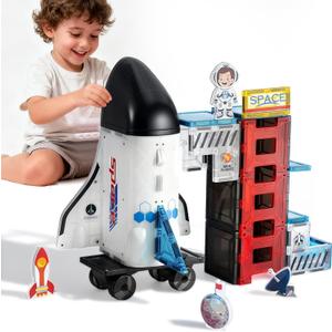 VROGTIK Space Magnetic Tiles for Kids, 30 Piece STEM Magnetic Building Blocks Set, Rocket Ship Space Station Educational Construction Toy with Astronaut Figure for Boys Girls Ages 3-8