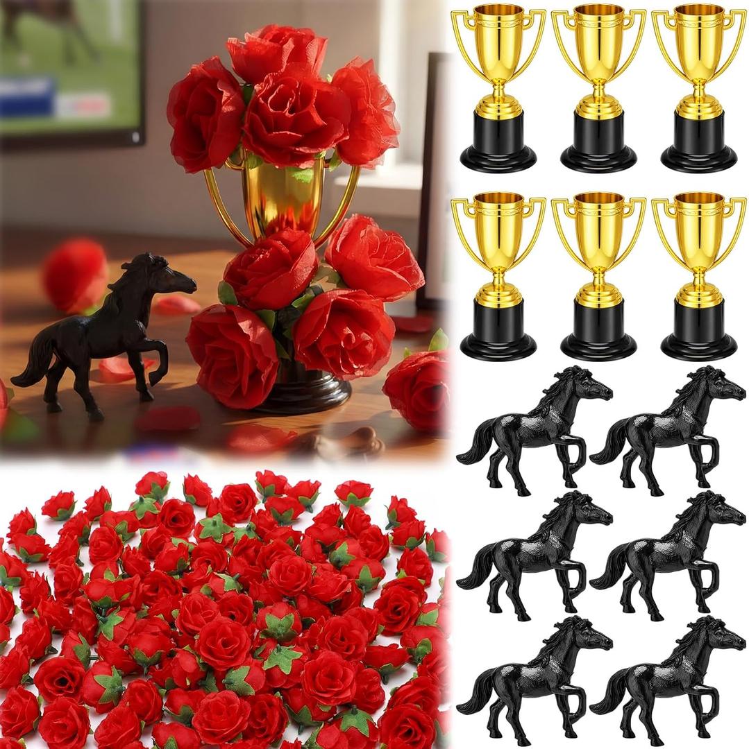 Wenqik Derby Horsing Racing Party Decoration Small Standing Table Centerpieces 100 Red Roses 6 Golden Trophies and 6 Horses for Wedding Freestanding Table Decor Horse Themed Party Favor Bulk