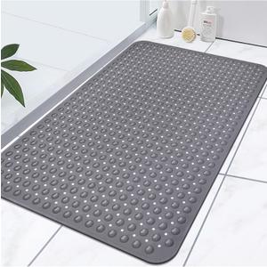 Extra Large Shower Mat, Yonala 47.2 x 31.5 Inch Non Slip Shower Mats for Inside Shower with Drain Hole and Suction Cups, Soft Trimmable TPE Anti Slip Shower Mat for Walk in Shower Stall, Heavy Mat (Gray)
