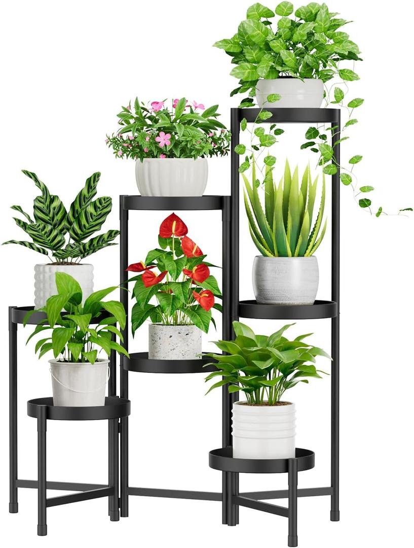 iDavosic.ly 7 Tier Plant Stand for Indoor Outdoor, Tiered Folding Corner Flower Display Holder Shelf, Metal 32 Inch Tall Rack for House Patio Balcony Garden Living Room, Modern Black