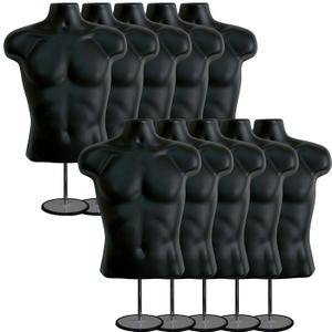 DisplayTown Male Mannequin Torso with Metal Stand Hollow Back Body Stackable Dress Form for Tshirt Display, Countertop, Craft Shows, Photos and Design, S-M Clothing Size (Black, Set of 10)