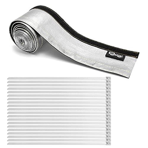 Heat Shroud Aluminized Sleeving Heat Shield Fuel line Wire Heat Sleeve 1" I.D. x 10FT with 20 Pcs 7.8Inch Stainless Steel Cable Metal Zip Ties