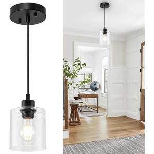 Capaaobc 1 Light Pendant Lights Kitchen Island, Modern Farmhouse Hanging Light Fixture, 39Inches Adjustable Black Ceiling Light for Dining Room, E26 Base, Clear Glass Shape