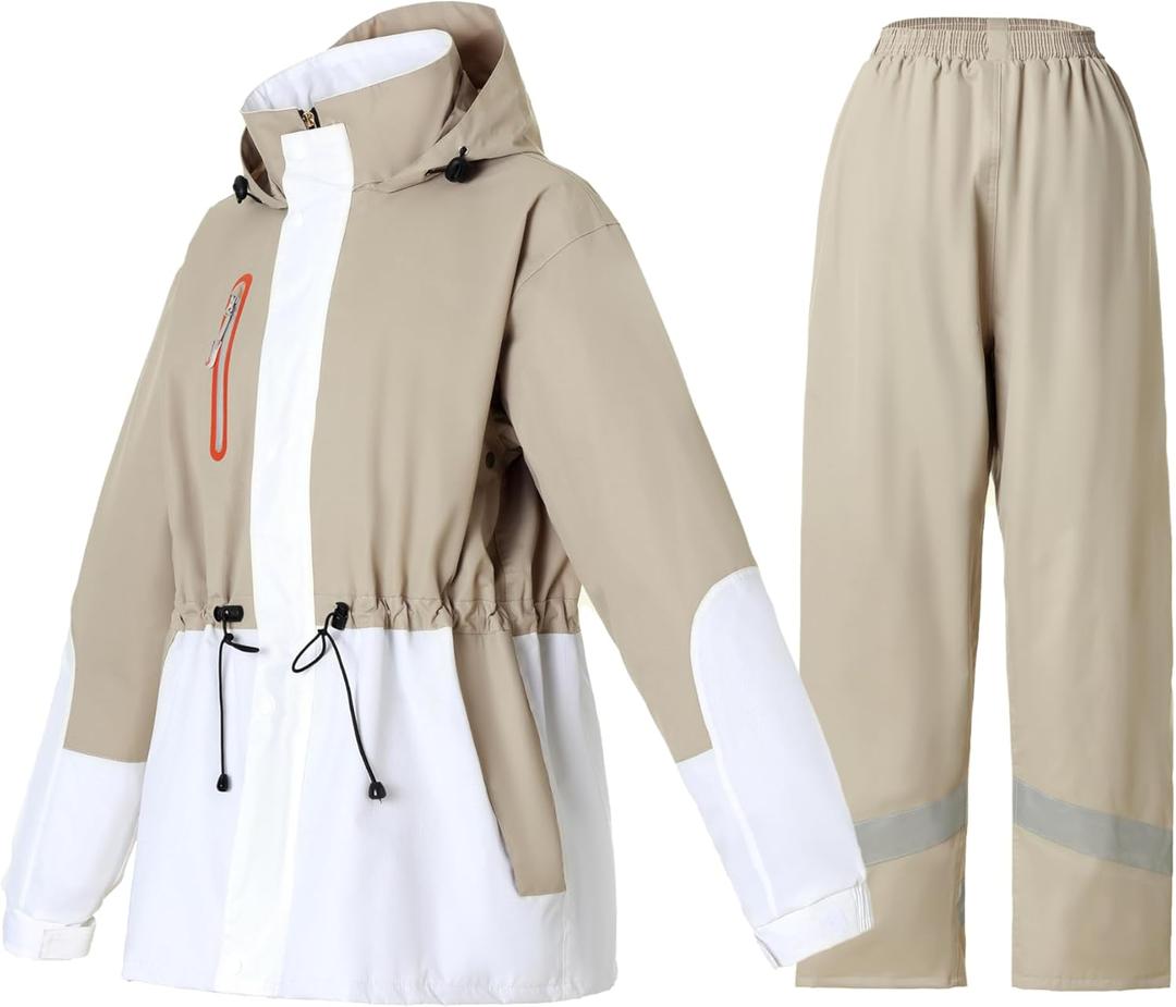 Rain Suit for Women Waterproof Hooded Rain Gear Rain Jacket and Pants 2 Piece Breathable Rain Coat Outdoor (Large, Khaki)