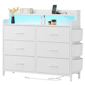 Lulive White Dresser for Bedroom 6 Drawers - Fabric Dressers for Bedroom with LED Light & Charging Station - Adults Chest of Drawers for Living Room Hallway Closet (White)