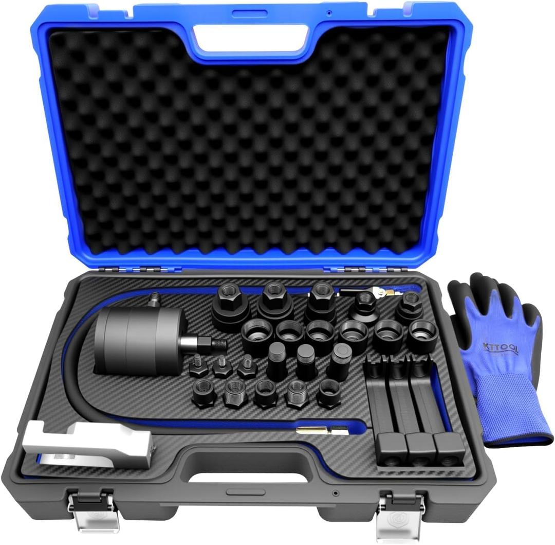 31Pcs Pneumatic Injector Puller Set for Diesel Engines, Air Vibration Fuel Injector Removal Tool Kit with Extractor Hammer, Extension Hose, 23 Adapters and EU US JP Connectors