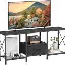 TV Stand with Fabric Drawer, Entertainment Center for 50 55 Inch TV, Industrial TV Console Table with Open Storage Shelves for Living Room, Bedroom, Black
