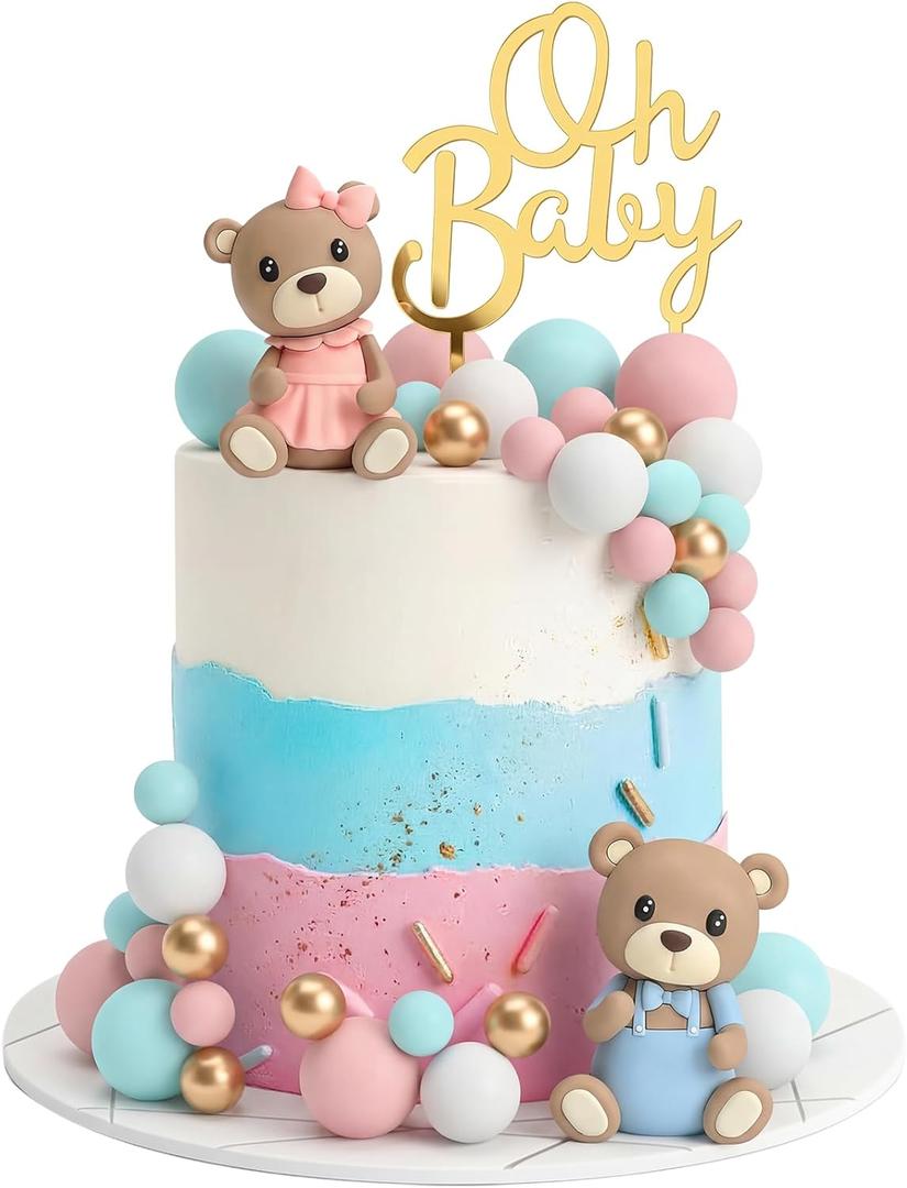 33 PCS Bear Cake Toppers, Gender Reveal Cake Toppers Cake Decorations with Bear Figurines and Balls for Boys Girls Baby Shower Bear Theme Party Supplies Gender Reveal