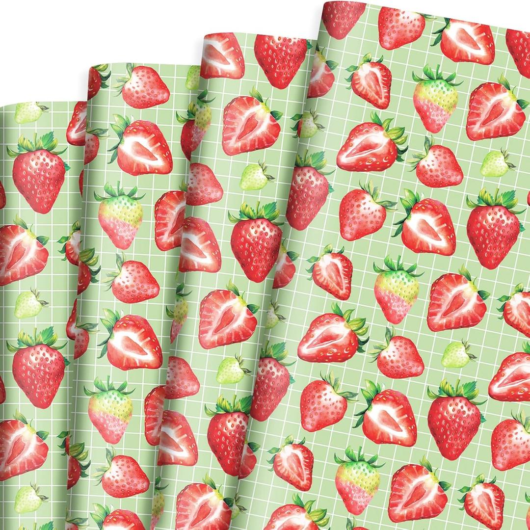 Azurestore 10 Sheets Strawberry Wrapping Paper- 20 x 27in Watercolor Red Green Strawberry Gift Wrap Paper Fruit Craft Paper for Mother's Day Birthday Baby Shower Party DIY Crafts