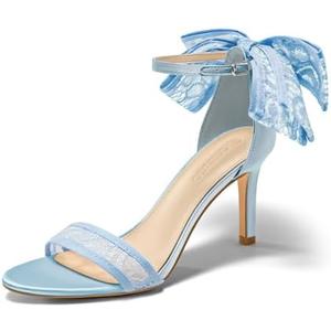 Coutgo Womens High Heels Sandals Lace Bow Tie Back Open Toe Ankle Strap Sexy Stiletto Wedding Party Dress Shoes, Size 8