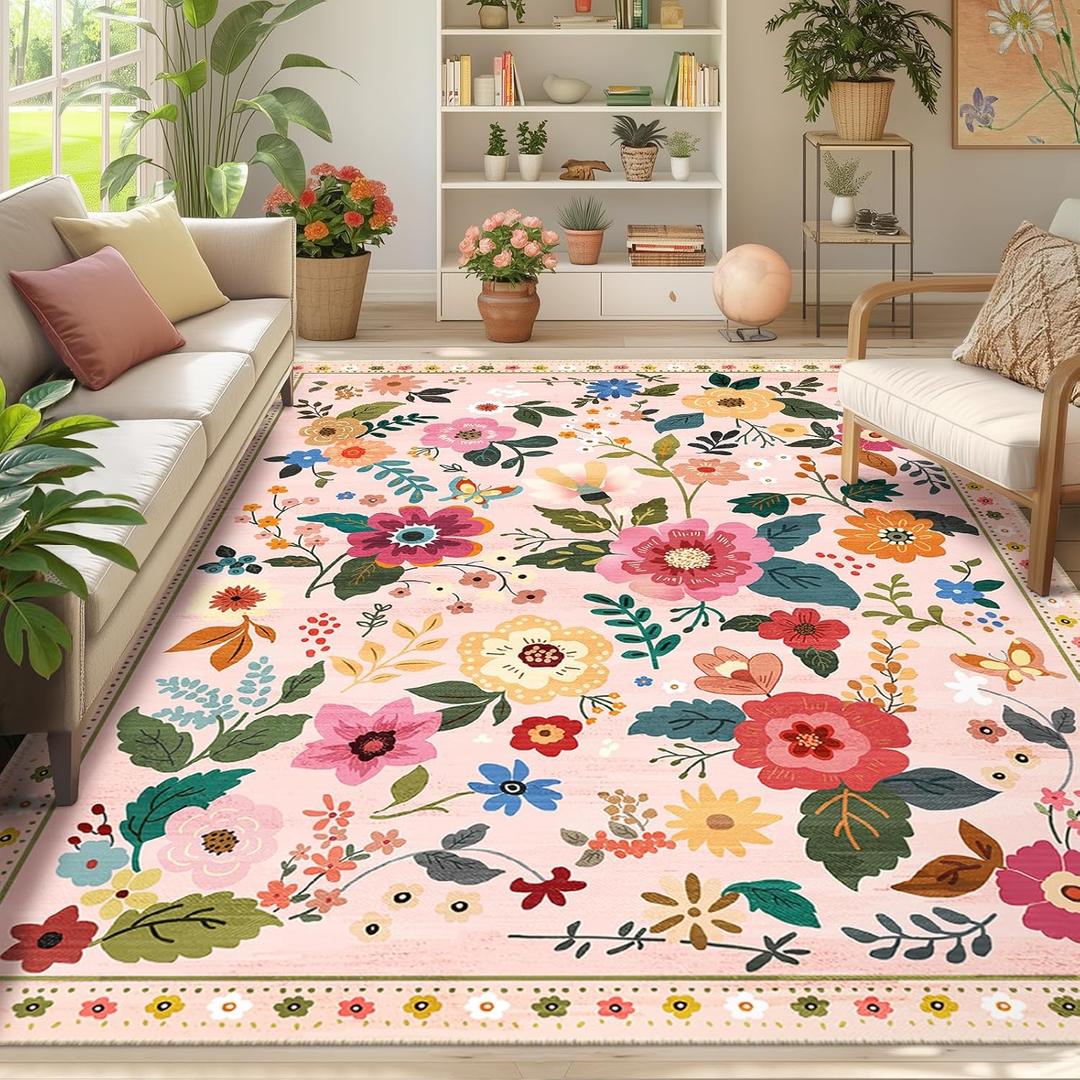 Floral Nursery 6x9 Area Rugs Washable Print Boho Cute Carpet Non Slip Flower Low Pile for Living Room Kids Girls Playroom Bedroom Kitchen Office Farmhouse-Pink