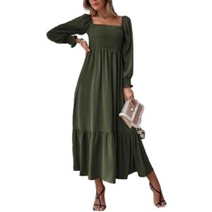 Women's Sqaure Neck Casual Dress Long Sleeve Maxi Dress Ruffle Shirred Flowy Long Dress (Army Green), XS
