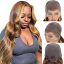 Aaliweya 13x4 Highlight Ombre Lace Front Wigs Human Hair 28inch 4/27 Honey Blonde Body Wave HD Transparent Lace Frontal Wig for Women 180% Density Glueless Wig Full and Thick Super Soft