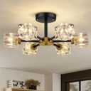 Black Modern Chandelier, 6-Light Crystal Semi Flush Mount Ceiling Light Fixture, 17.3" Farmhouse Kitchen Pendant Light with Cube Shade, Industrial Sputnik Chandeliers for Dining Room, Bedroom