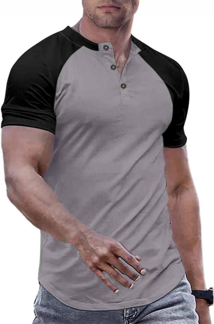 JMIERR Men's Muscle Slim Henley Shirts Crewneck Longline T-Shirt Gym Workout Athletic Shirt Tees with Button (XL)
