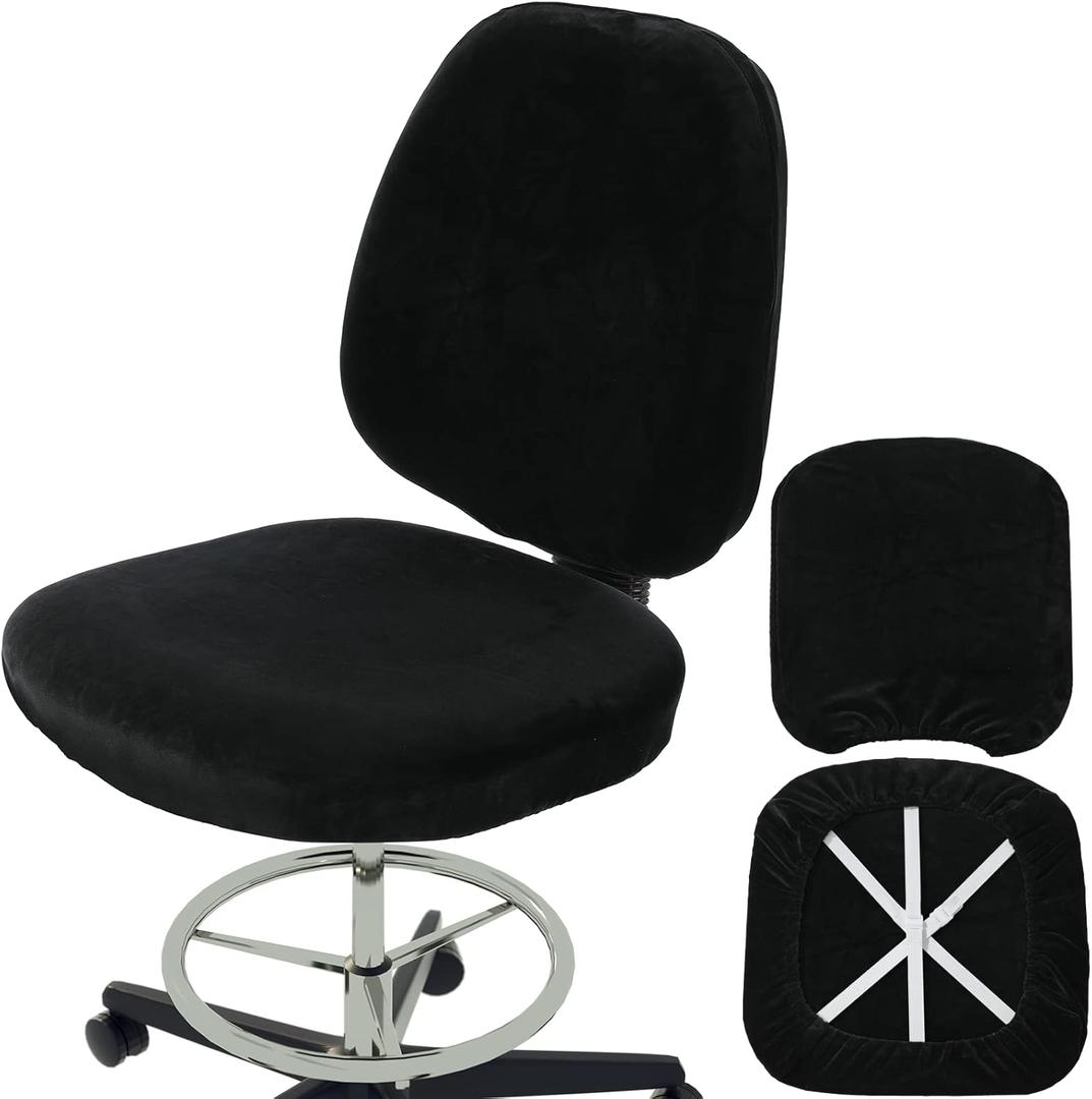 BUYUE A Set of Stretch Armless Office Chair Backrest Cover and Cushion Seat Cover, Student Computer Chair Washable Dustproof Protectors (Velvet, Black)