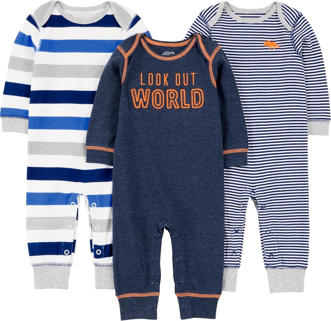 Simple Joys by Carter's baby-boys 3-pack Jumpsuits (Grey Heather Rugby Stripe/Navy Text Print/White Stripe) 3-6 M
