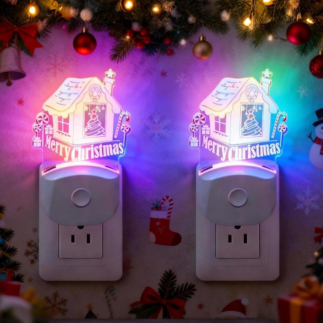 Christmas Night Light for Kids[2 Pack], Santas Cabin Plug-in Wall Light with RGB & Color Changing & Soft White 3000K LEDs, Dusk to Dawn, Christmas Decorations Gifts for Bedroom, Hallway