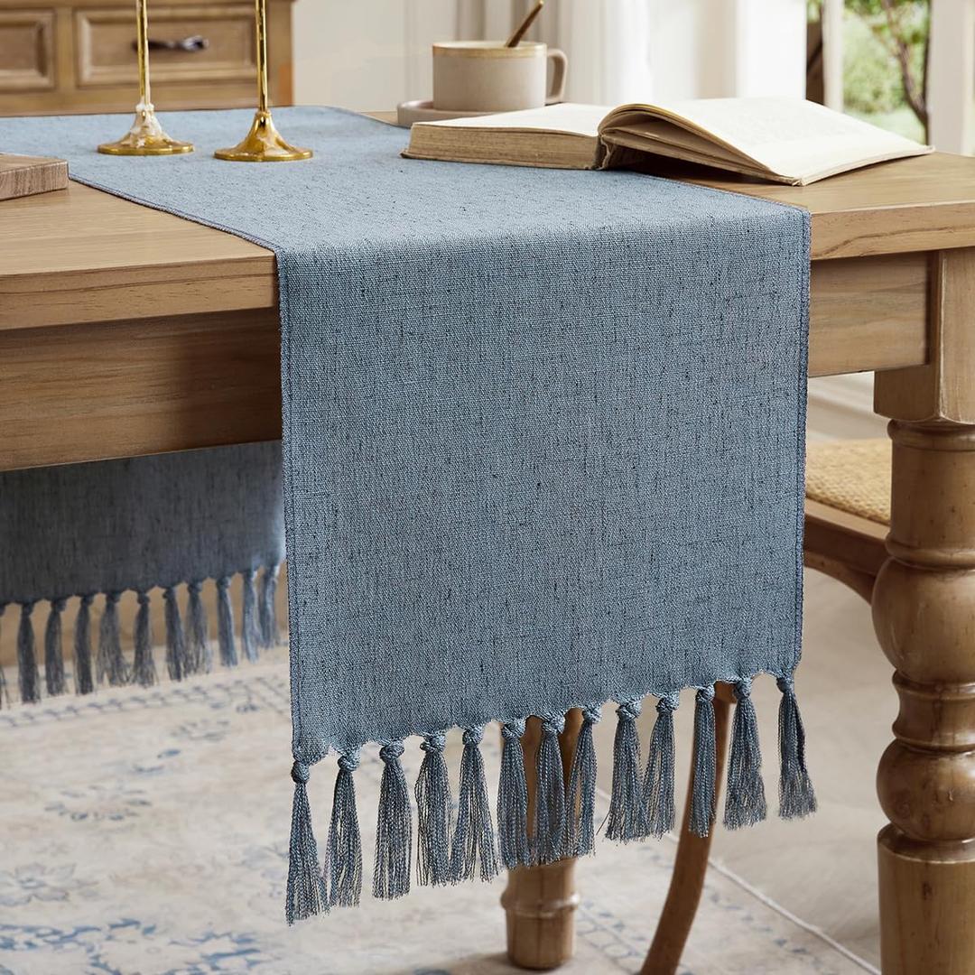 Linen Style Rustic Table Runner, Farmhouse Cotton Linen Table Runner, Boho Table Runners 60 Inches Long with Hand Tassels for Home Tabletop Decor and Everyday Use - Dusty Blue, 60 Inch